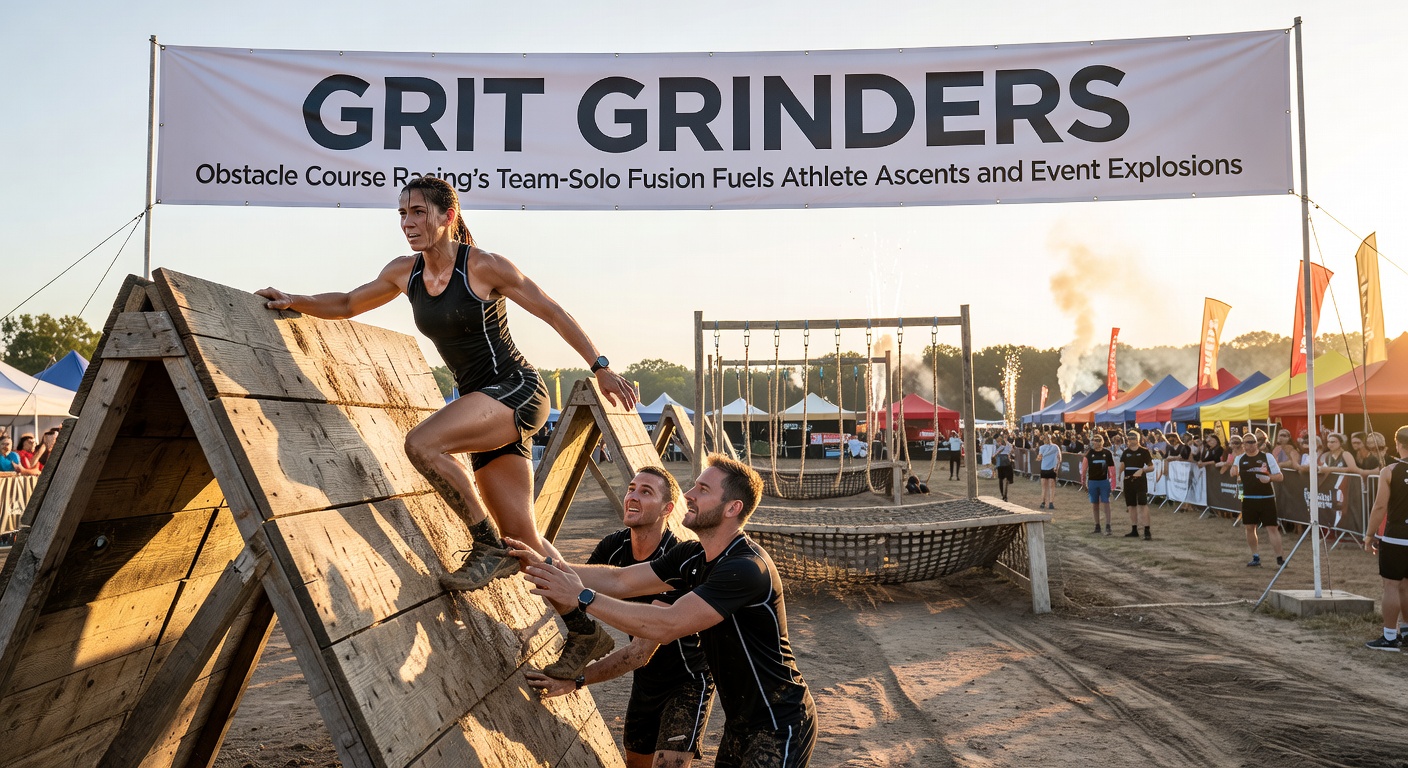 Competitors navigating a Grit Grinders obstacle course, blending team carries with solo climbs under rainy conditions