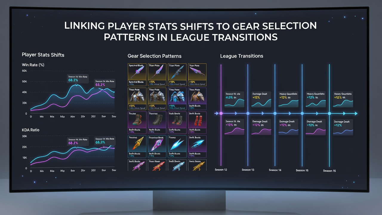 Professional player reviewing match statistics and item build options on a dual-monitor setup