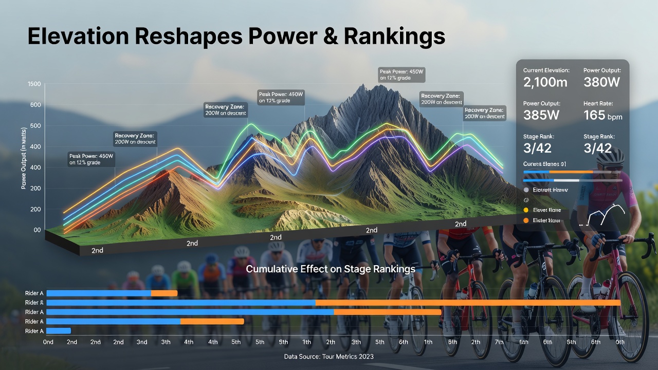 Graph and data visualization showing power output variations across elevation changes in cycling stages